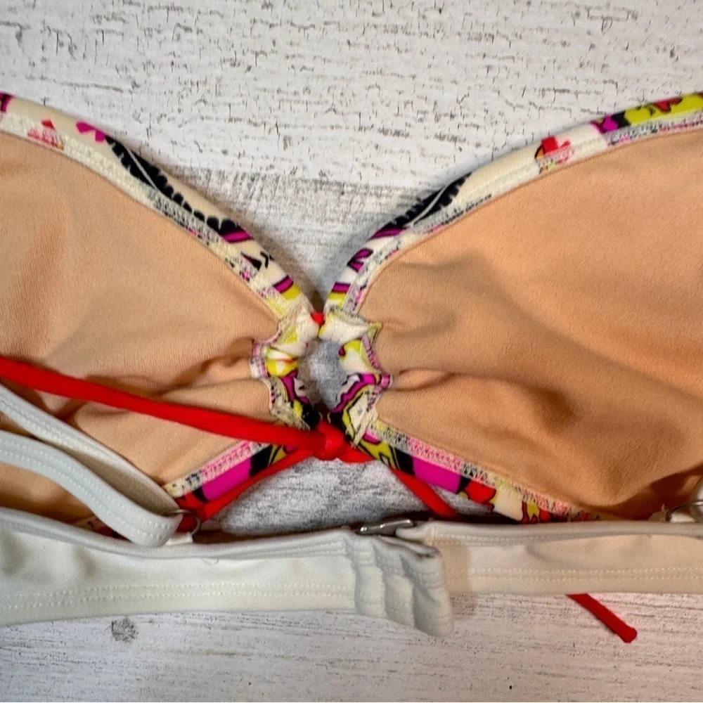 Athleta Zanzibar Scrunch Bikini Top Pink Green White Size Medium Dragonfly